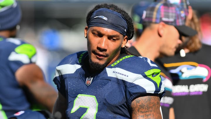 Oct 6, 2024; Seattle, Washington, USA; Seattle Seahawks safety Rayshawn Jenkins (2) after recovering a fumble and scoring a touchdown against the New York Giants during the first half at Lumen Field.