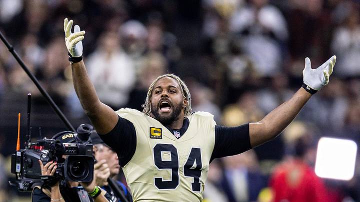 Dec 21, 2025; New Orleans, Louisiana, USA;  New Orleans Saints defensive end Cameron Jordan (94) during the run outs before the game against the New York Jets at Caesars Superdome. Mandatory Credit: Stephen Lew-Imagn Images