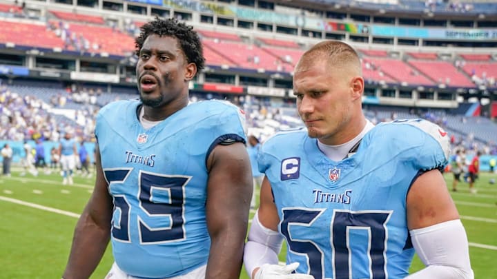 Tennessee Titans defensive end Sebastian Joseph-Day and linebacker Cody Barton. Tennessee Titans defensive end Sebastian Joseph-Day and linebacker Cody Barton.