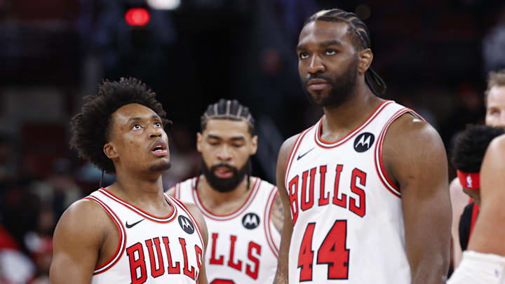 Feb 19, 2026; Chicago, Illinois, USA; Chicago Bulls guard Collin Sexton (2) reacts next to his teammates during the first half at United Center. Mandatory Credit: Kamil Krzaczynski-Imagn Images