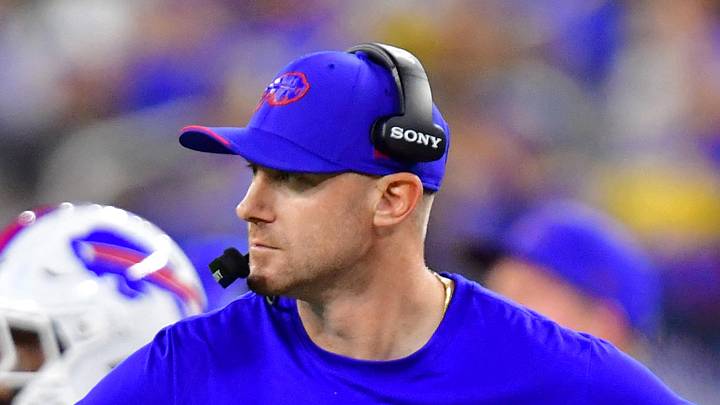 Oct 12, 2026; Inglewood, California, USA;  Buffalo Bills head coach Joe Brady looks on during the fourth quarter against the Los Angeles Rams at SoFi Stadium.  Mandatory Credit: Gary A. Vasquez-Imagn Images
