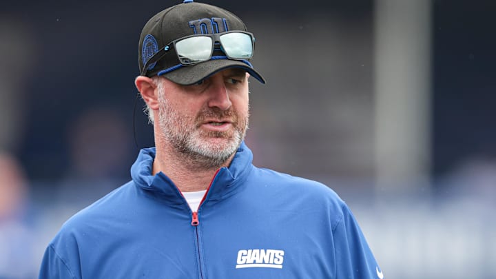 Jul 24, 2024; East Rutherford, NJ, USA; Former New York Giants defensive coordinator Shane Bowen looks on during training camp at Quest Diagnostics Training Facility.
