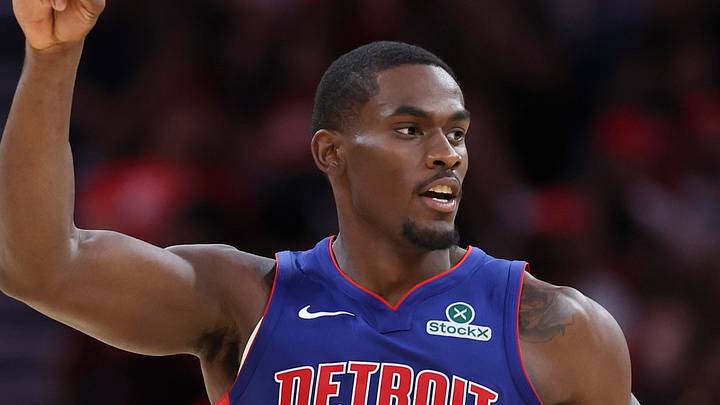 Oct 24, 2025; Houston, Texas, USA; Detroit Pistons center Jalen Duren (0) reacts after making a basket during the second quarter against the Houston Rockets at Toyota Center. Mandatory Credit: Troy Taormina-Imagn Images