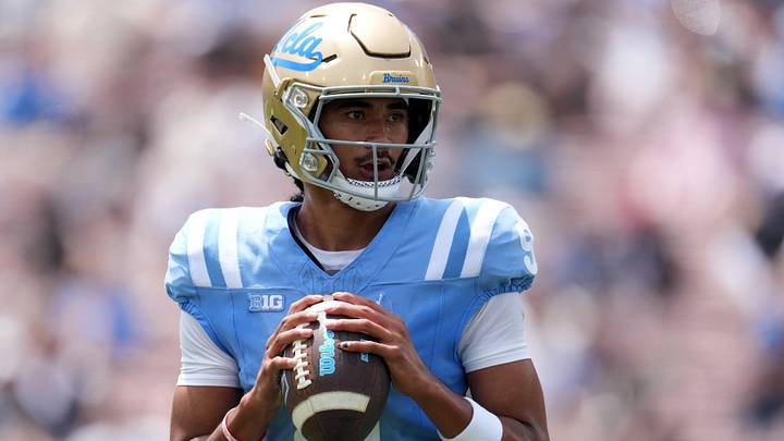 May 2, 2026; Pasadena, CA, USA; UCLA Bruins quarterback Nico Iamaleava (9) throws the ball during the spring game at Rose Bowl. Mandatory Credit: Kirby Lee-Imagn Images