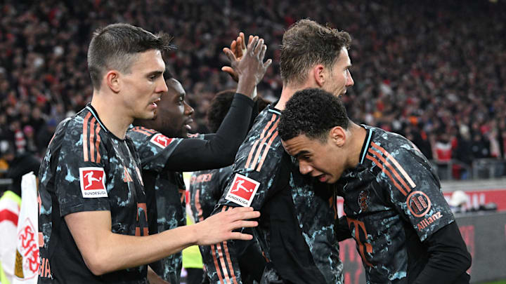 Bayern Munich players celebrating against Stuttgart.