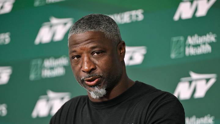 Jun 10, 2026; Florham Park, NY, USA; New York Jets head coach Aaron Glenn speaks at a press conference during minicamp at Atlantic Health Jets Training Center. Mandatory Credit: John Jones-Imagn Images
