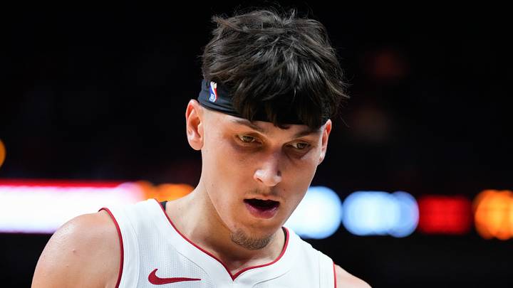 Miami Heat guard Tyler Herro (14) looks on against the Charlotte Hornets during the second half at Kaseya Center on October 10, 2023.