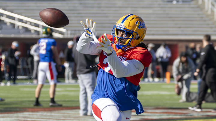 Jan 28, 2026; Mobile, AL, USA; National Team linebacker Kyle Louis (31) of Pittsburgh practices during National Senior Bowl practice at Hancock Whitney Stadium. Mandatory Credit: Vasha Hunt-Imagn Images