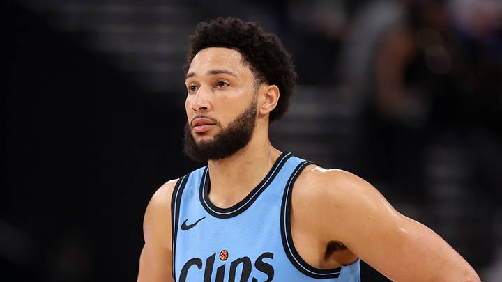 Apr 5, 2025; Inglewood, California, USA;  Los Angeles Clippers guard Ben Simmons (25) looks on during the first half against the Dallas Mavericks at Intuit Dome. Mandatory Credit: Kiyoshi Mio-Imagn Images