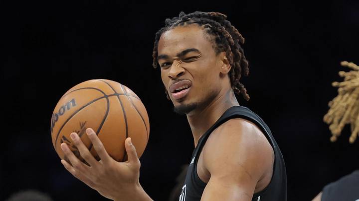 Mar 31, 2026; Brooklyn, New York, USA; Brooklyn Nets center Nic Claxton (33) reacts after being called for a travel during the first quarter against the Charlotte Hornets at Barclays Center. Mandatory Credit: Brad Penner-Imagn Images Mar 31, 2026; Brooklyn, New York, USA; Brooklyn Nets center Nic Claxton (33) reacts after being called for a travel during the first quarter against the Charlotte Hornets at Barclays Center. Mandatory Credit: Brad Penner-Imagn Images