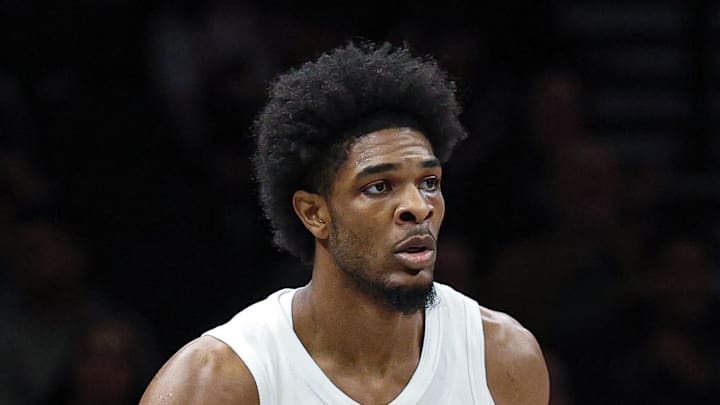 Portland Trail Blazers guard Scoot Henderson dribbles up court against the Brooklyn Nets.