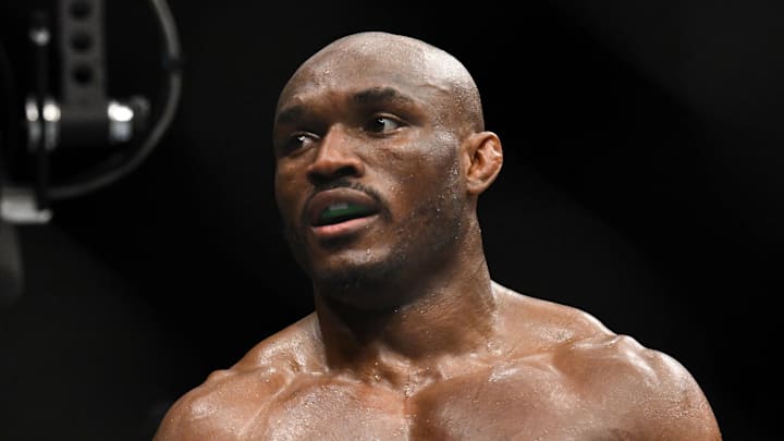 Mar 18, 2023; London, UNITED KINGDOM; Kamaru Usman reacts during his fight with Leon Edwards (not pictured) during UFC 286 at O2 Arena. Mandatory Credit: Per Haljestam-Imagn Images