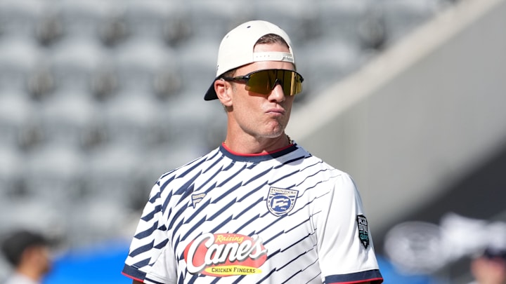 Tom Brady debuted new cleats in the Fanatics Flag Football Classic at BMO stadium. Tom Brady debuted new cleats in the Fanatics Flag Football Classic at BMO stadium.