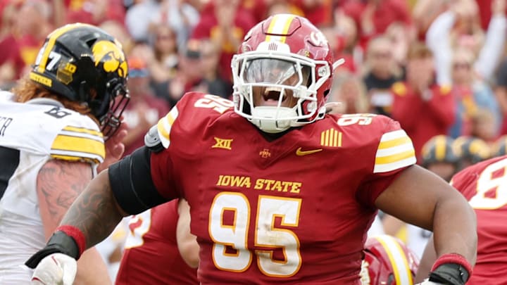 Iowa State Cyclones defensive lineman Domonique Orange (95) reacts after a play against the Iowa Hawkeyes.