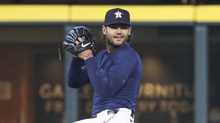 Mar 28, 2024; Houston, Texas, USA; Houston Astros pitcher Lance McCullers Jr. warms up before the game against the New York Yankees at Minute Maid Park. 
