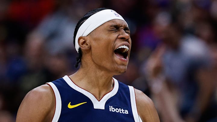 Mar 25, 2026; Denver, Colorado, USA; Denver Nuggets guard Peyton Watson (8) reacts after a play in the fourth quarter against the Dallas Mavericks at Ball Arena. Mandatory Credit: Isaiah J. Downing-Imagn Images