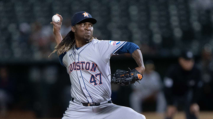 Jul 23, 2024; Oakland, California, USA;  Houston Astros pitcher Rafael Montero (47) pitches during the eighth inning against the Oakland Athletics at Oakland-Alameda County Coliseum. 