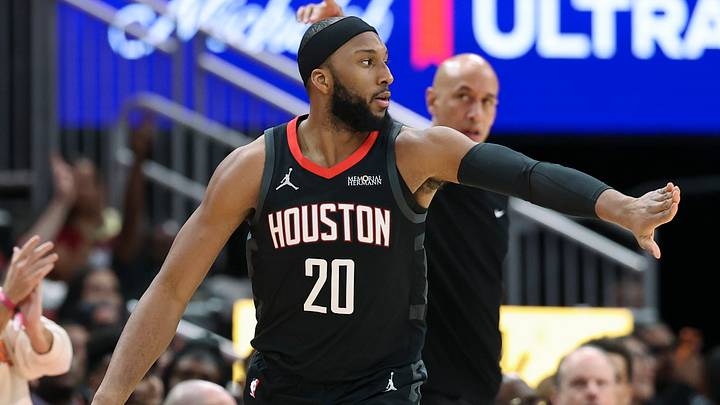 Feb 25, 2026; Houston, Texas, USA; Houston Rockets guard Josh Okogie (20) reacts after scoring a basket during the third quarter against the Sacramento Kings at Toyota Center. Mandatory Credit: Troy Taormina-Imagn Images