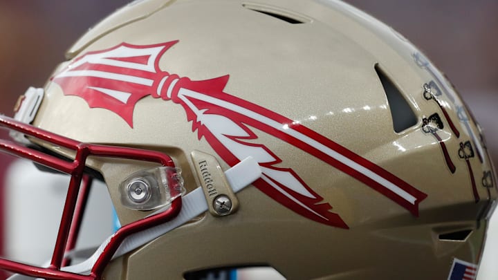 Nov 4, 2023; Pittsburgh, Pennsylvania, USA; A Florida State Seminoles helmet on the sidelines against the Pittsburgh Panthers during the second quarter at Acrisure Stadium. Mandatory Credit: Charles LeClaire-Imagn Images Nov 4, 2023; Pittsburgh, Pennsylvania, USA; A Florida State Seminoles helmet on the sidelines against the Pittsburgh Panthers during the second quarter at Acrisure Stadium. Mandatory Credit: Charles LeClaire-Imagn Images