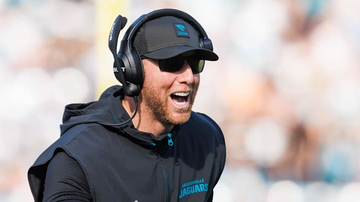 Nov 16, 2025; Jacksonville, Florida, USA; Jacksonville Jaguars head coach Liam Coen reacts to a touchdown against the Los Angeles Chargers during the third quarter at EverBank Stadium. Mandatory Credit: Morgan Tencza-Imagn Images