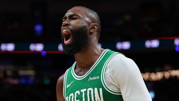 Apr 1, 2026; Miami, Florida, USA; Boston Celtics guard Jaylen Brown (7) reacts against the Miami Heat during the third quarter at Kaseya Center. Mandatory Credit: Sam Navarro-Imagn Images Apr 1, 2026; Miami, Florida, USA; Boston Celtics guard Jaylen Brown (7) reacts against the Miami Heat during the third quarter at Kaseya Center. Mandatory Credit: Sam Navarro-Imagn Images