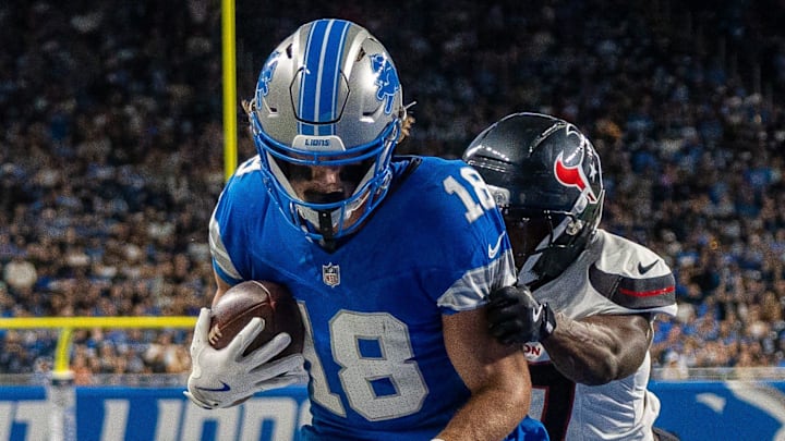 Detroit Lions wide receiver Isaac TeSlaa (18) catches a touchdown during the first half against Houston Texans Detroit Lions wide receiver Isaac TeSlaa (18) catches a touchdown during the first half against Houston Texans