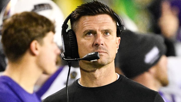 Dec 20, 2025; Eugene, OR, USA; James Madison Dukes head coach Bob Chesney looks on during the second quarter against the Oregon Ducks at Autzen Stadium. Mandatory Credit: Troy Wayrynen-Imagn Images