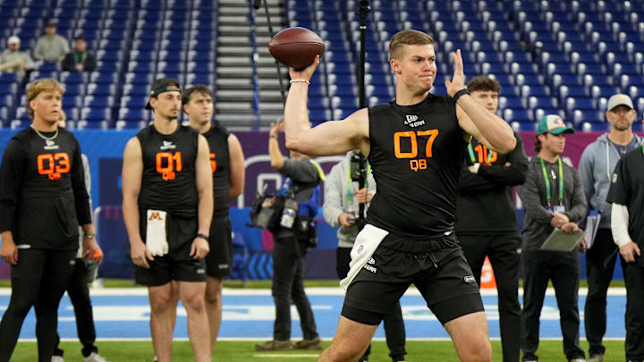 Mar 1, 2025; Indianapolis, IN, USA; Ohio State quarterback Will Howard (QB07) during the 2025 NFL Combine at Lucas Oil Stadium. Mandatory Credit: Kirby Lee-Imagn Images Mar 1, 2025; Indianapolis, IN, USA; Ohio State quarterback Will Howard (QB07) during the 2025 NFL Combine at Lucas Oil Stadium. Mandatory Credit: Kirby Lee-Imagn Images