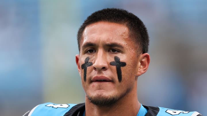 Carolina Panthers wide receiver Tetairoa McMillan looks on during warm ups prior to the game against the Dallas Cowboys.