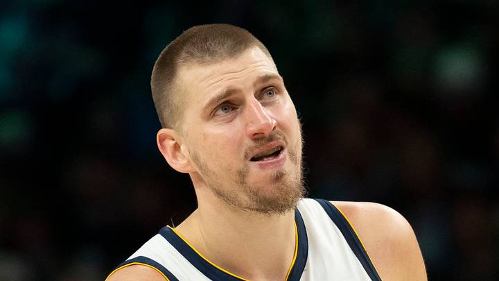 Apr 30, 2026; Minneapolis, Minnesota, USA; Denver Nuggets center Nikola Jokic (15) looks on against the Minnesota Timberwolves in the second half during game six of the first round of the 2026 NBA Playoffs at Target Center. Mandatory Credit: Jesse Johnson-Imagn Images