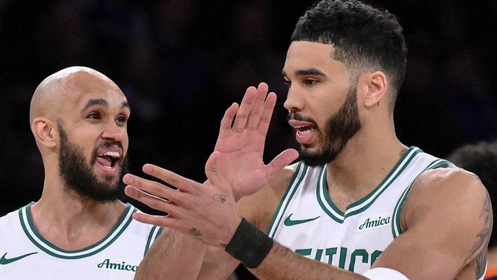 Apr 8, 2025; New York, New York, USA; Boston Celtics forward Jayson Tatum (0) and Boston Celtics guard Derrick White (9) react during the first half against the New York Knicks at Madison Square Garden. Mandatory Credit: John Jones-Imagn Images Apr 8, 2025; New York, New York, USA; Boston Celtics forward Jayson Tatum (0) and Boston Celtics guard Derrick White (9) react during the first half against the New York Knicks at Madison Square Garden. Mandatory Credit: John Jones-Imagn Images