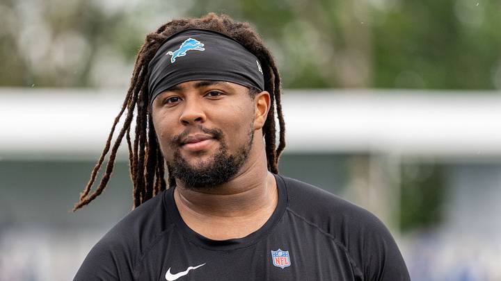 Detroit Lions defensive lineman Tyleik Williams (91) looks on following training camp practice Detroit Lions defensive lineman Tyleik Williams (91) looks on following training camp practice