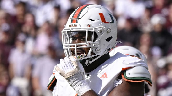 Dec 20, 2025; College Station, TX, USA; Miami Hurricanes defensive lineman Rueben Bain Jr. (4) looks on during the game between the Aggies and the Hurricanes at Kyle Field. Mandatory Credit: Jerome Miron-Imagn Images