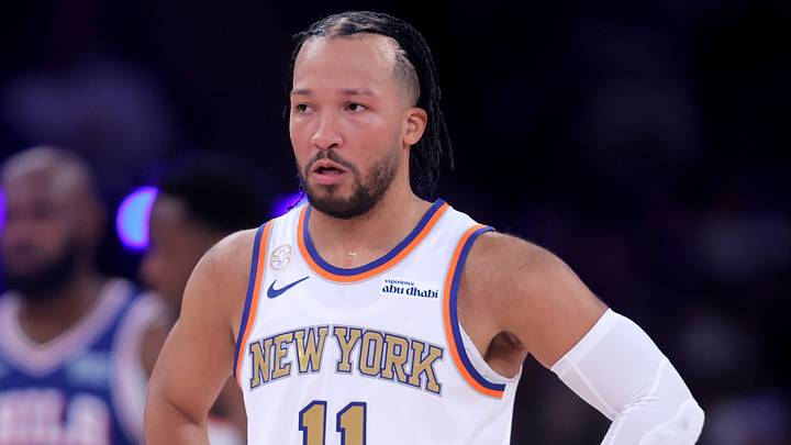 Oct 20, 2026; New York, New York, USA; New York Knicks guard Jalen Brunson (11) reacts during the first quarter against the Philadelphia 76ers at Madison Square Garden. Mandatory Credit: Brad Penner-Imagn Images