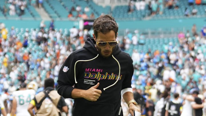 Oct 12, 2025; Miami Gardens, Florida, USA; Miami Dolphins head coach Mike McDaniel leaves the field at the end of a game against the Los Angeles Chargers at Hard Rock Stadium. Mandatory Credit: Rich Storry-Imagn Images