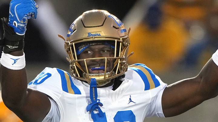 Sep 5, 2026; Berkeley, California, USA; UCLA Bruins linebacker Sammy Omosigho (10) reacts after a tackle against the California Golden Bears during the first quarter at California Memorial Stadium. Mandatory Credit: Darren Yamashita-Imagn Images Sep 5, 2026; Berkeley, California, USA; UCLA Bruins linebacker Sammy Omosigho (10) reacts after a tackle against the California Golden Bears during the first quarter at California Memorial Stadium. Mandatory Credit: Darren Yamashita-Imagn Images