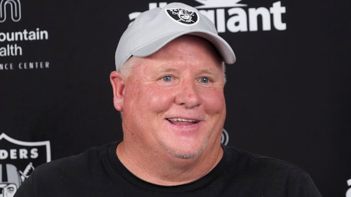 Jul 24, 2025; Henderson, NV, USA; Las Vegas Raiders offensive coordinator Chip Kelly during training camp press conference at the Intermountain Healthcare Performance Center. Mandatory Credit: Kirby Lee-Imagn Images