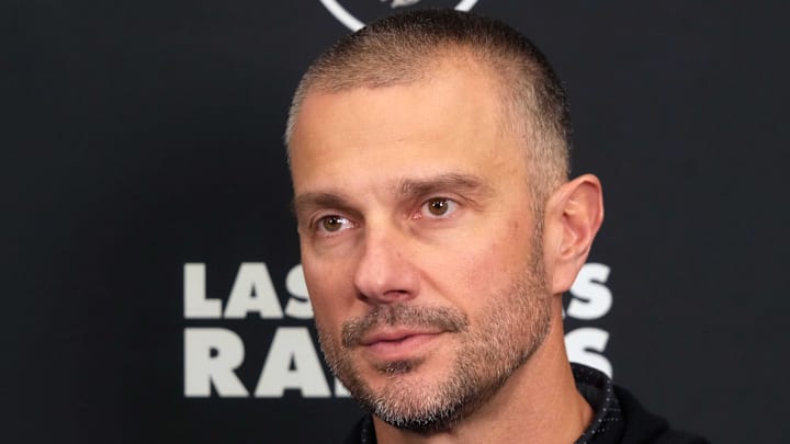 Feb 25, 2025; Indianapolis, IN, USA; Las Vegas Raiders general manager John Spytek on radio row during the NFL Scouting Combine at the Indiana Convention Center. Mandatory Credit: Kirby Lee-Imagn Images
