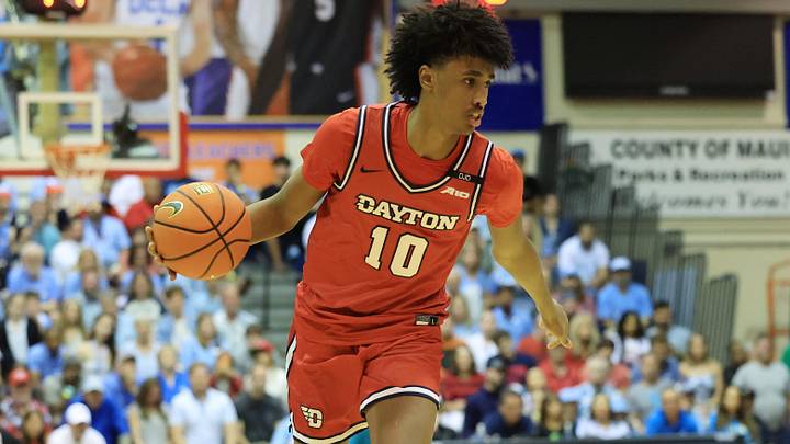 Nov 25, 2024; Lahaina, Hawaii, USA;  Dayton Flyers guard Hamad Mousa (10) makes his way towards the basket against the North Carolina Tar Heels during the first half of an NCAA college basketball game at Lahaina Civic Center.