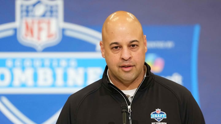Feb 24, 2026; Indianapolis, IN, USA; Pittsburgh Steelers general manager Omar Khan speaks at the NFL Scouting Combine at the Indiana Convention Center. Mandatory Credit: Kirby Lee-Imagn Images