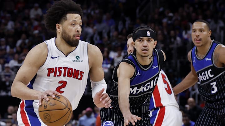 Apr 29, 2026; Detroit, Michigan, USA; Detroit Pistons guard Cade Cunningham (2) dribbles on Orlando Magic guard Anthony Black (0) in the second half uring game five of the first round of the 2026 NBA Playoffs at Little Caesars Arena. Mandatory Credit: Rick Osentoski-Imagn Images