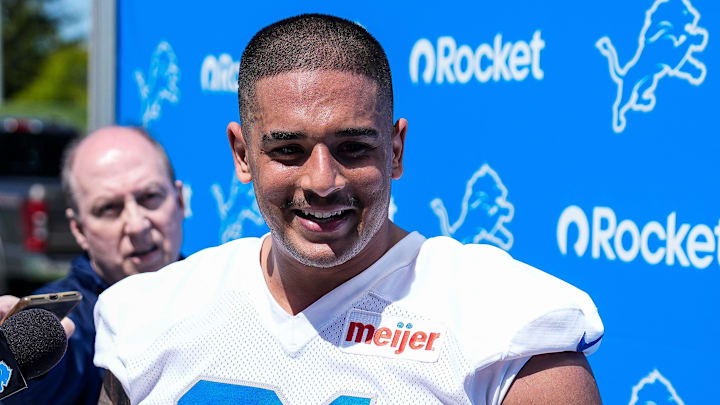Detroit Lions defensive lineman Ahmed Hassanein (61) speaks after practice during rookie mini camp