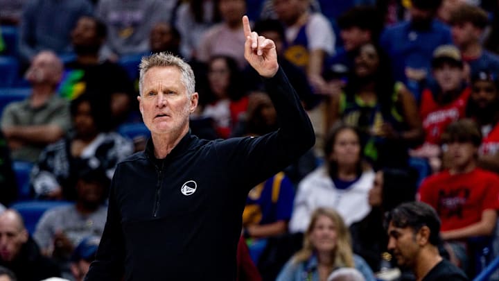 Mar 28, 2025; New Orleans, Louisiana, USA; Golden State Warriors head coach Steve Kerr reacts to a play against the New Orleans Pelicans during the first half at Smoothie King Center.