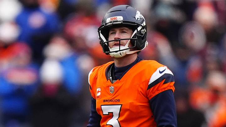 Jan 25, 2026; Denver, CO, USA; Denver Broncos place kicker Wil Lutz (3) prepares to kick a field goal against the New England Patriots during the first half in the 2026 AFC Championship Game at Empower Field at Mile High. Mandatory Credit: Ron Chenoy-Imagn Images