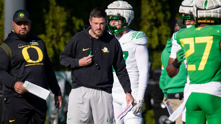 Oregon head coach Dan Lanning leads practice as the Oregon Ducks hit the practice field ahead of Michigan State Tuesday, Oct. 1, 2024 at the Hatfield-Dowlin Complex in Eugene, Ore.