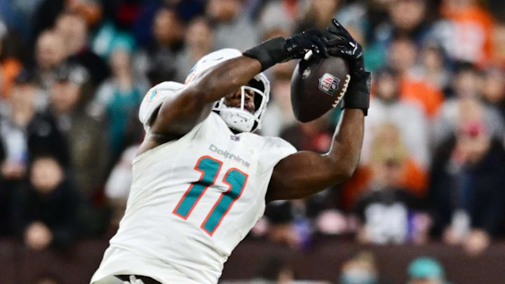 Cleveland Browns wide receiver Jerry Jeudy watches as Miami Dolphins linebacker Tyrel Dodson intercepts the pass. Cleveland Browns wide receiver Jerry Jeudy watches as Miami Dolphins linebacker Tyrel Dodson intercepts the pass.