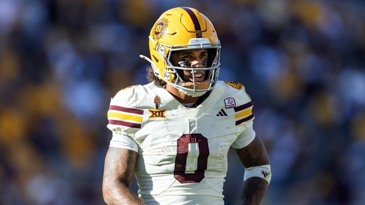 Oct 18, 2025; Tempe, Arizona, USA; Arizona State Sun Devils wide receiver Jordyn Tyson (0) against the Texas Tech Red Raiders at Mountain America Stadium. Mandatory Credit: Mark J. Rebilas-Imagn Images