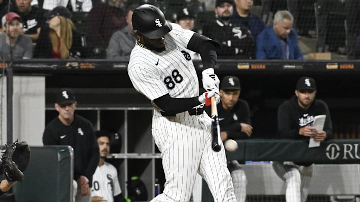Sep 25, 2024; Chicago, Illinois, USA; Chicago White Sox outfielder Luis Robert Jr. (88) hits a double against the Los Angeles Angels during the seventh inning at Guaranteed Rate Field. Sep 25, 2024; Chicago, Illinois, USA; Chicago White Sox outfielder Luis Robert Jr. (88) hits a double against the Los Angeles Angels during the seventh inning at Guaranteed Rate Field.
