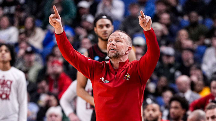 Louisville head coach Pat Kelsey reacts to a play against Michigan State during the first half of NCAA Tournament Second Round at KeyBank Center in Buffalo on Saturday, March 21, 2026.