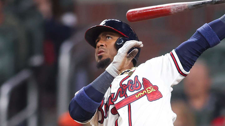 Apr 28, 2026; Atlanta, Georgia, USA; Atlanta Braves second baseman Ozzie Albies (1) hits a two-run home run against the Detroit Tigers in the eighth inning at Truist Park. Mandatory Credit: Brett Davis-Imagn Images